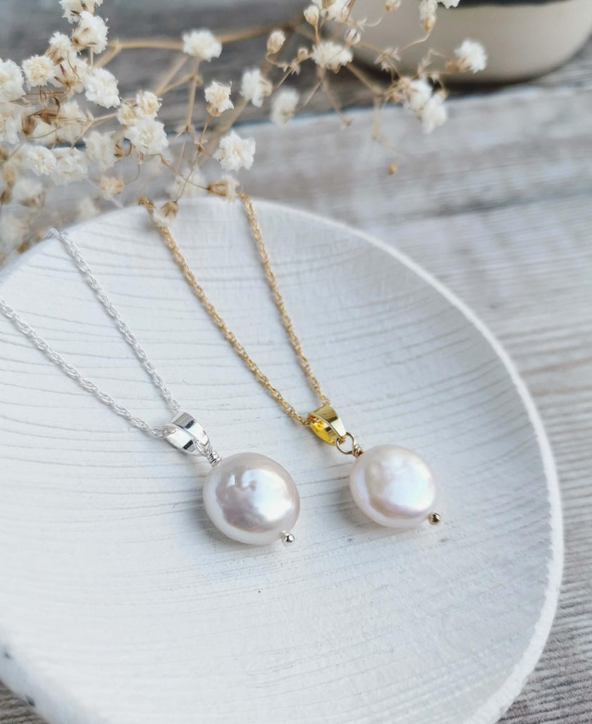 Small Coin Pearl pendant - Silver or 14k Gold-filled