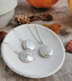 Large Coin Pearl earrings and necklace set in 14k Gold fill or Silver