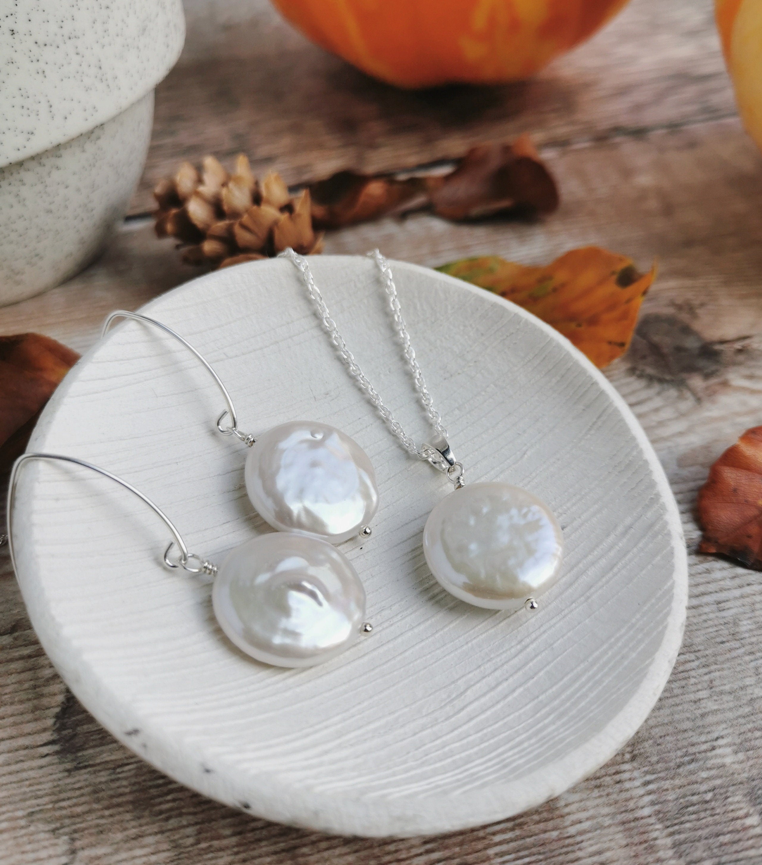 Large Coin Pearl earrings and necklace set in 14k Gold fill or Silver