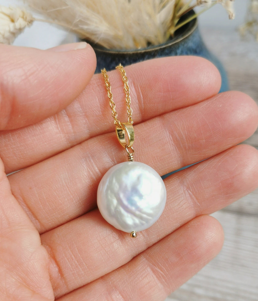 Large Coin Pearl necklace - Silver or 14k Gold-filled