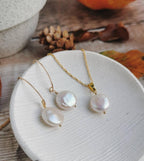 Small coin Pearl earrings & necklace set - in Silver or 14k Gold-filled