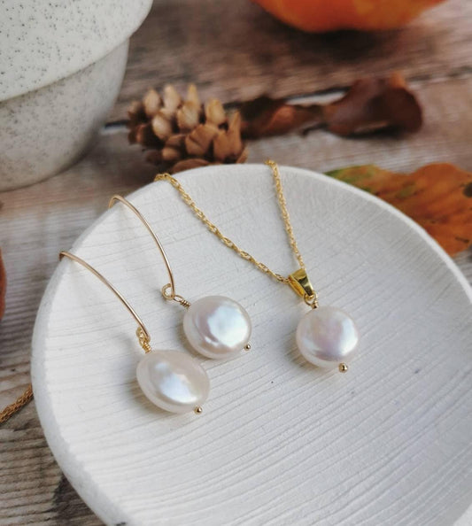 SET - Small coin Pearl earrings & necklace - Silver or 14k Gold-filled