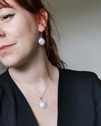 Large Coin Pearl earrings and necklace set in 14k Gold fill or Silver