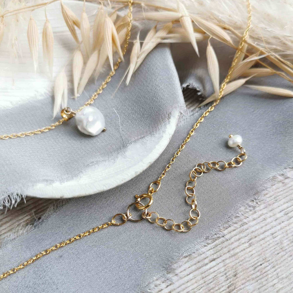handmade Gold and pearl necklace with 2 inch extender chain with pearl detail