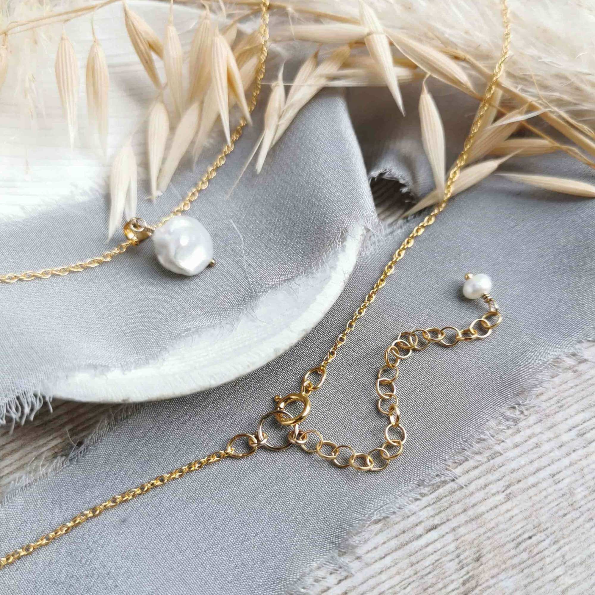 handmade Gold and pearl necklace with 2 inch extender chain with pearl detail