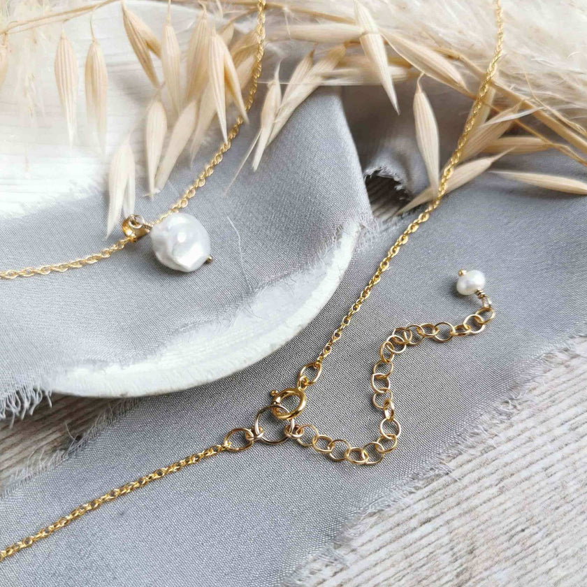 handmade Gold and pearl necklace with 2 inch extender chain with pearl detail