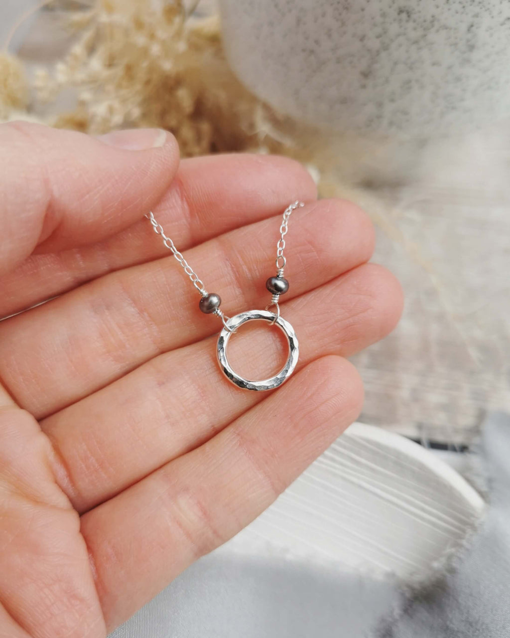 Mini Orbit necklace with freshwater pearls (ivory or peacock purple)