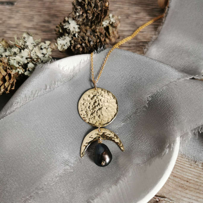 Brass Phases of the Moon pendant with Pearl