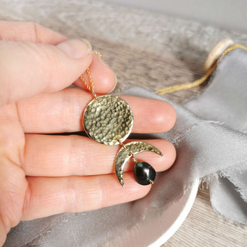 Brass Phases of the Moon pendant with Pearl