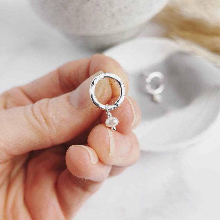 Mini Orbit Studs - hammered Silver circles with small freshwater pearls