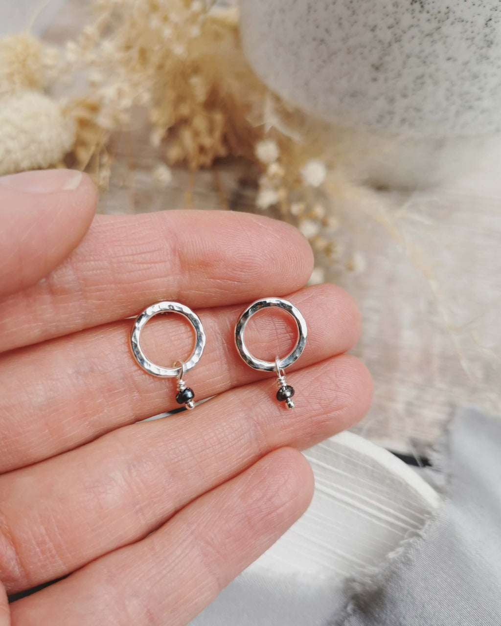 Mini Orbit Studs - hammered Silver circles with small freshwater pearls