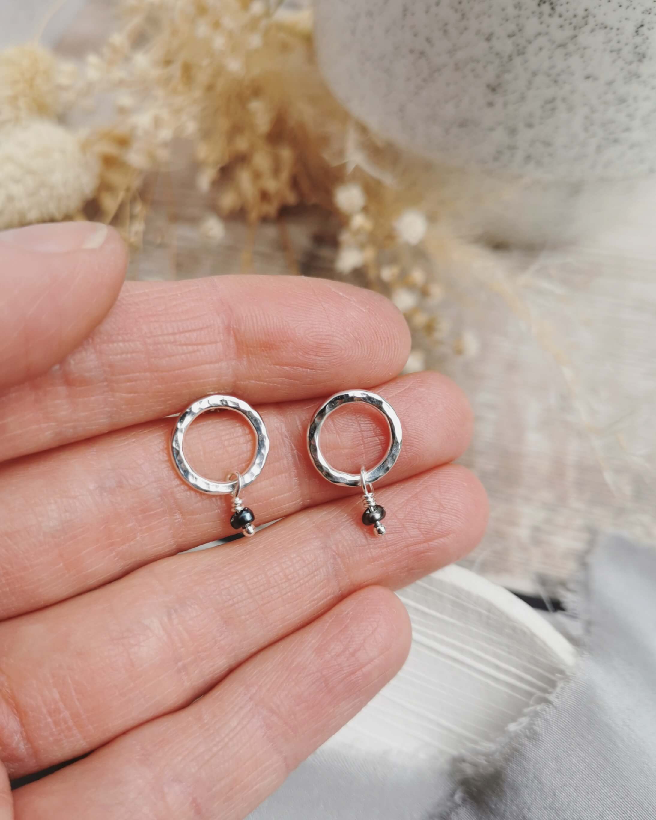 Mini Orbit Studs - hammered Silver circles with small freshwater pearls