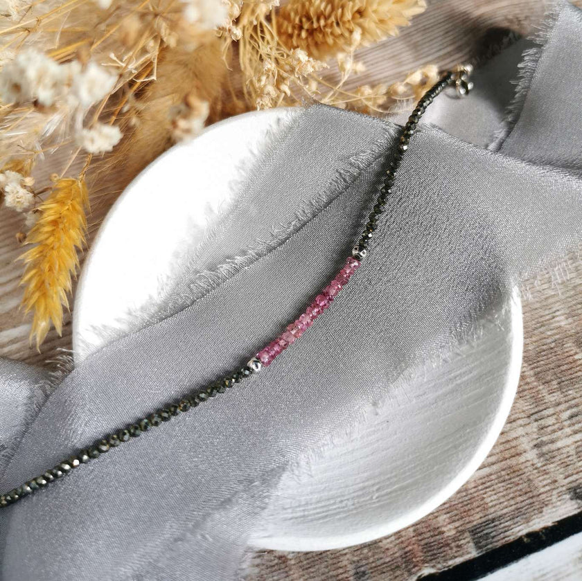 Pink Tourmaline, Pyrite & Silver bracelet
