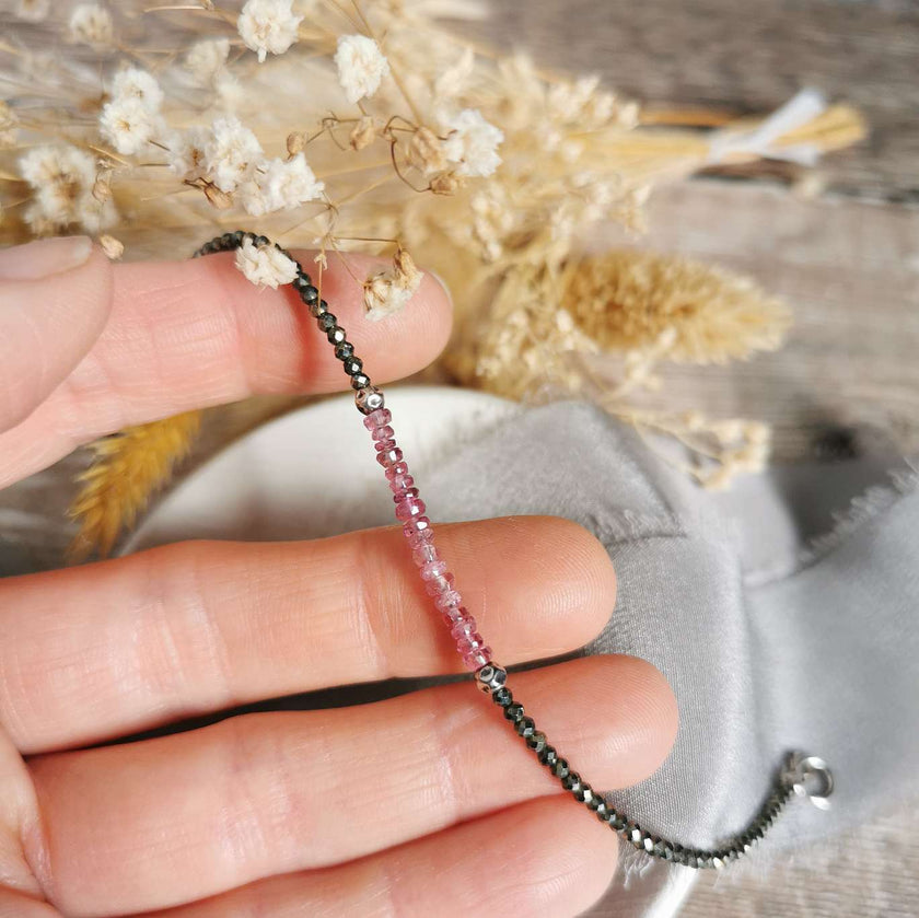 Pink Tourmaline, Pyrite & Silver bracelet