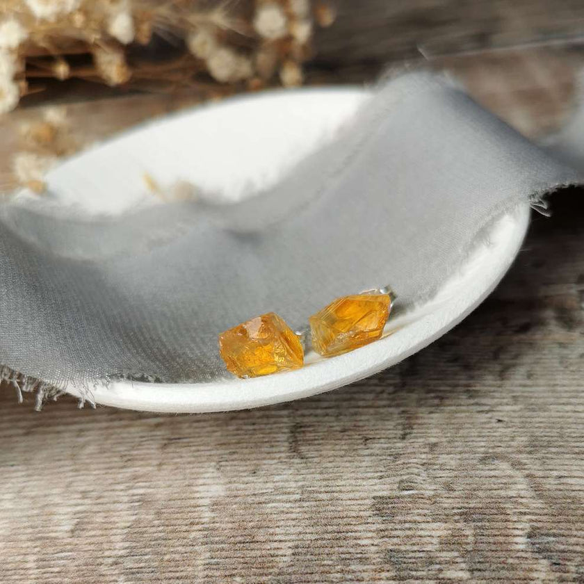 Raw Citrine and Silver stud earrings
