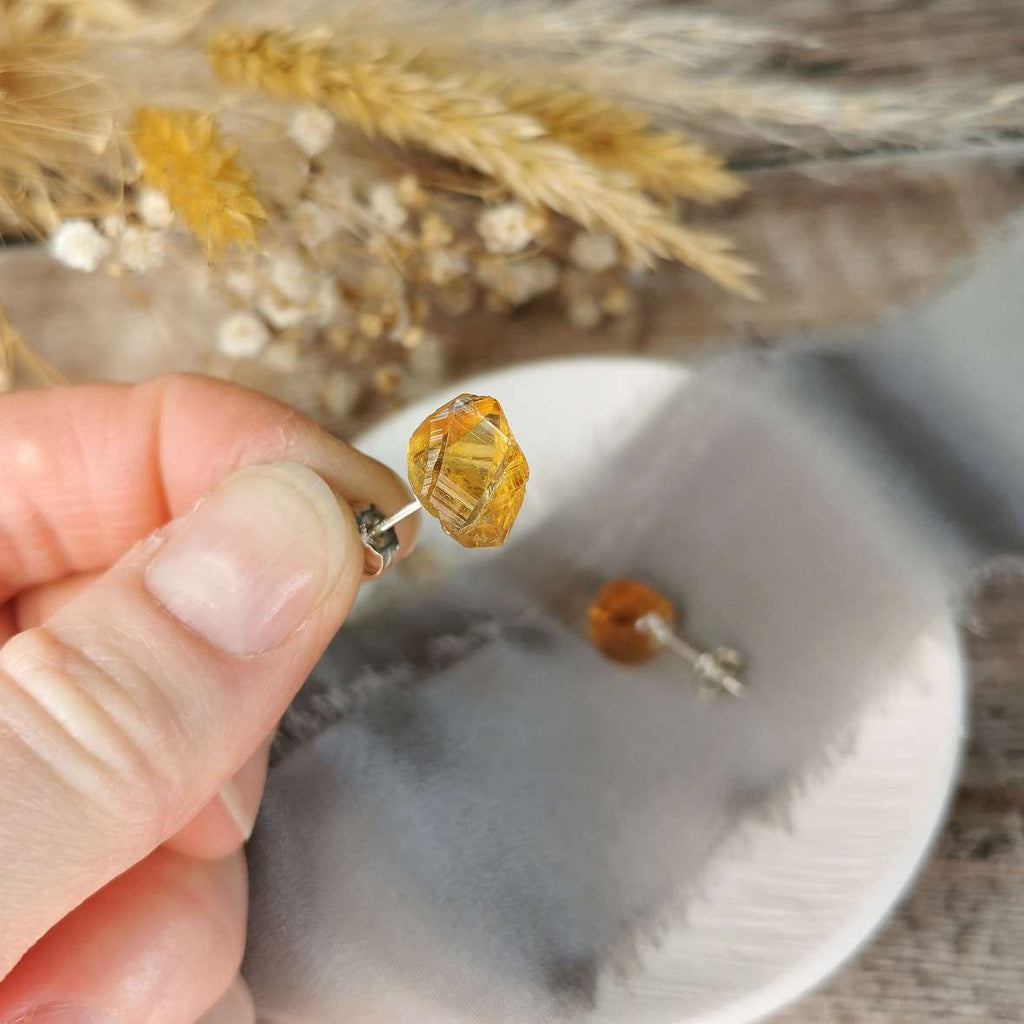 Raw Citrine and Silver stud earrings