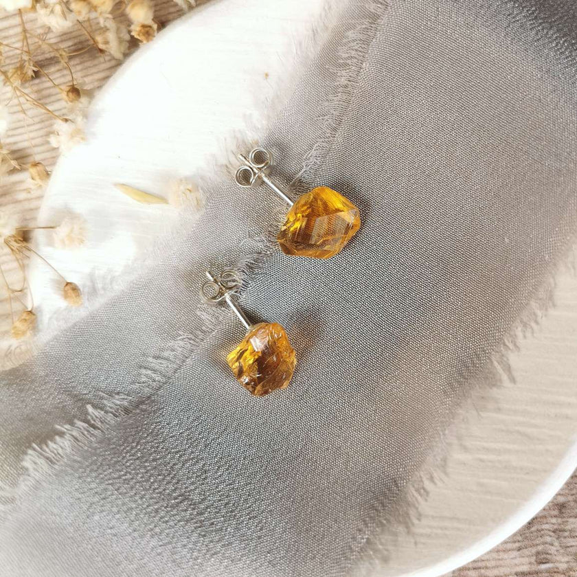 Raw Citrine and Silver stud earrings