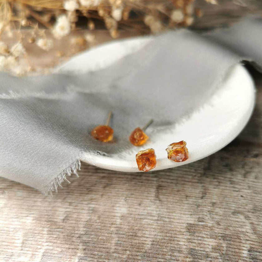 Raw Citrine and Silver stud earrings
