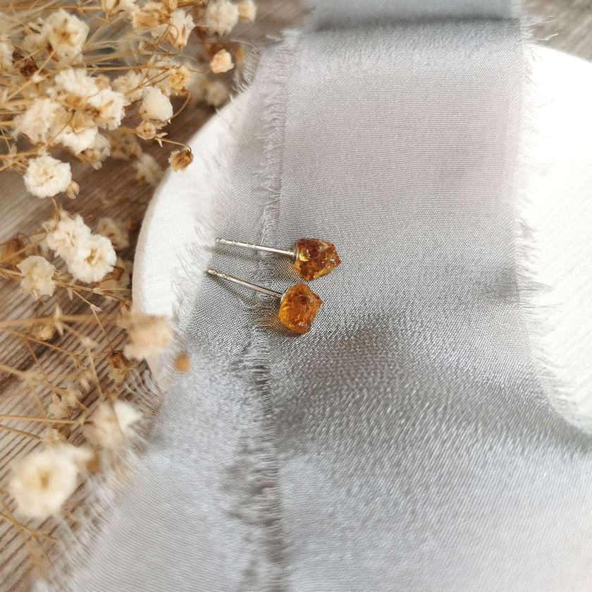 Raw Citrine and Silver stud earrings