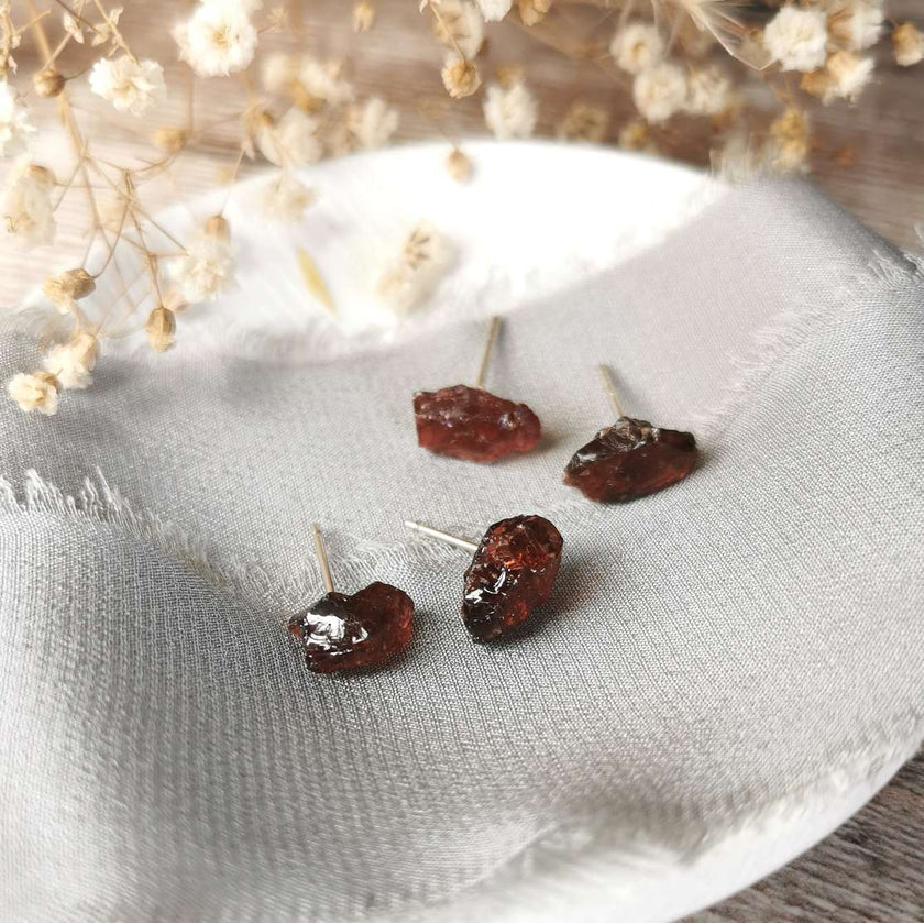 Raw Garnet and Silver stud earrings