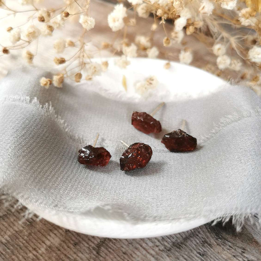 Raw Garnet and Silver stud earrings