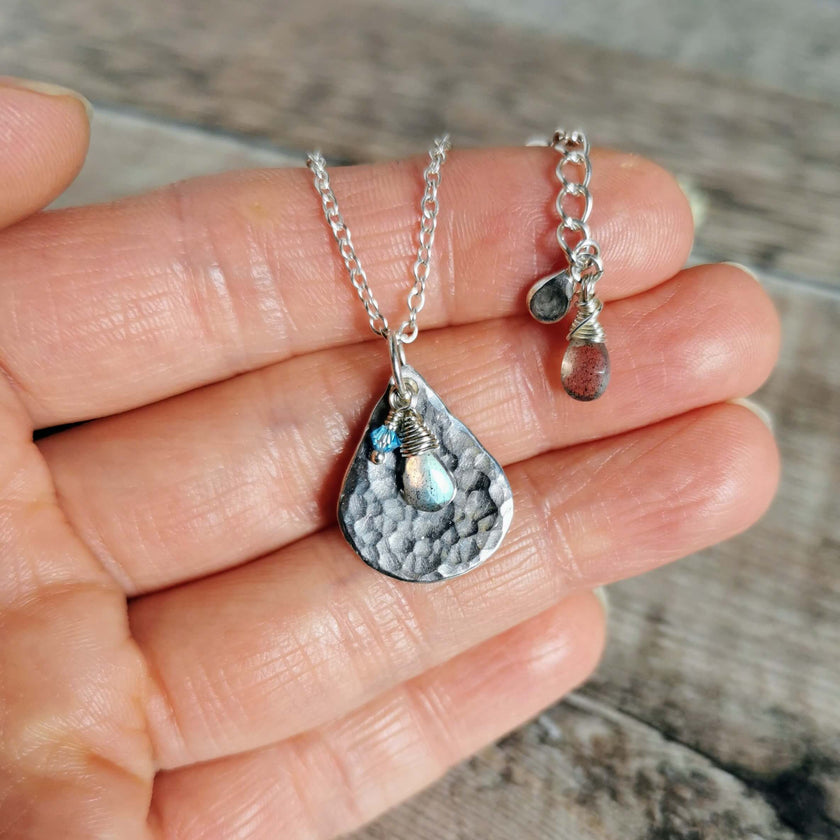 Silver Teardrop pendant with Labradorite charms