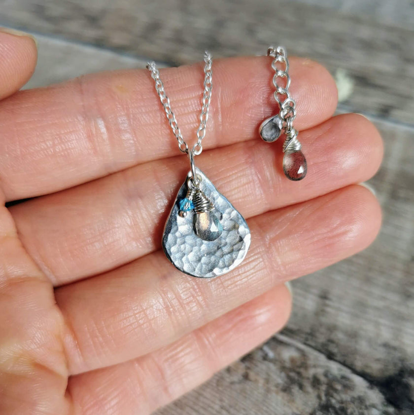 Silver Teardrop pendant with Labradorite charms