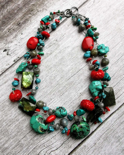 Turquoise, Coral & Labradorite necklace